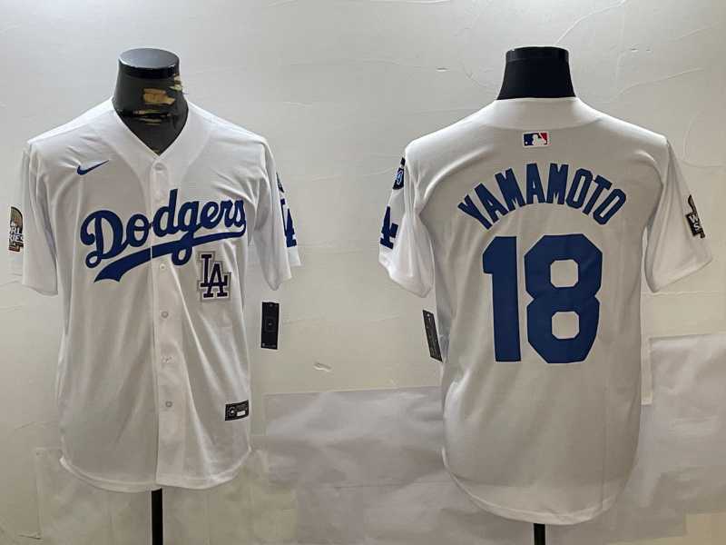 Mens Los Angeles Dodgers #18 Yoshinobu Yamamoto White 2024 World Series With Fernando Memorial Patch Home Limited Stitched Jersey